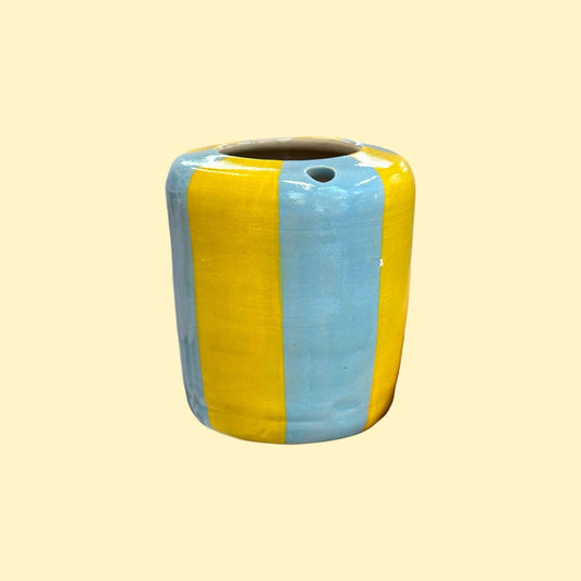 Travel tumbler / kubek na wynos - niebiesko-żółte paski (szeroki spód)