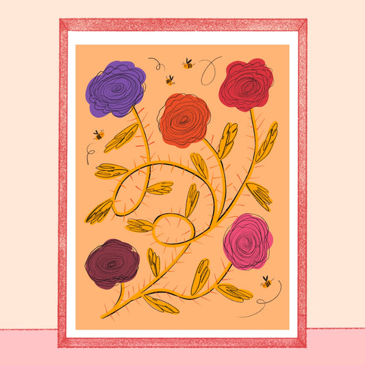 Plakat z różami i pszczołami