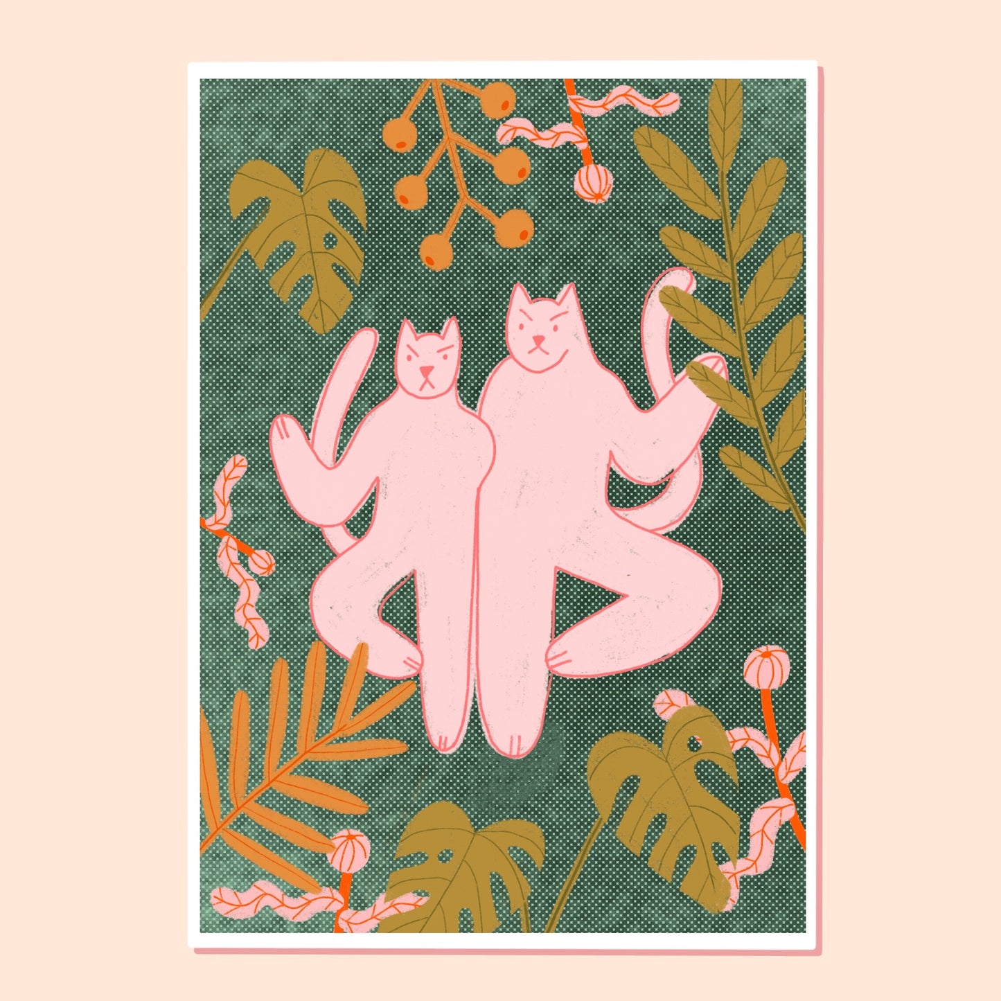 Pocztówka z kotem ćwiczącym jogę - Dwa koty różowe wśród zielonych roślin
