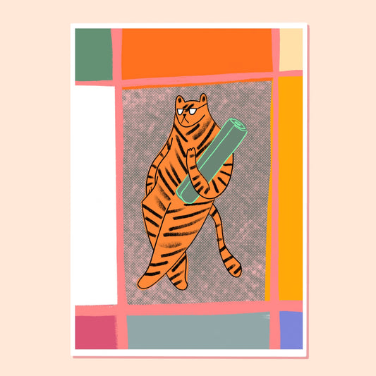 Pocztówka z kotem ćwiczącym jogę - Tygrys po treningu z matą